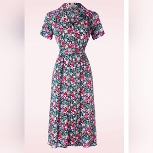 Retro Tea Party Shirt Swing Dress with Belt in Pink and Black Floral Print